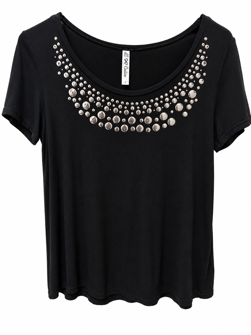 LC Couture Black Short-Sleeve Scoop Neck Tee with Silver Stud Embellishment